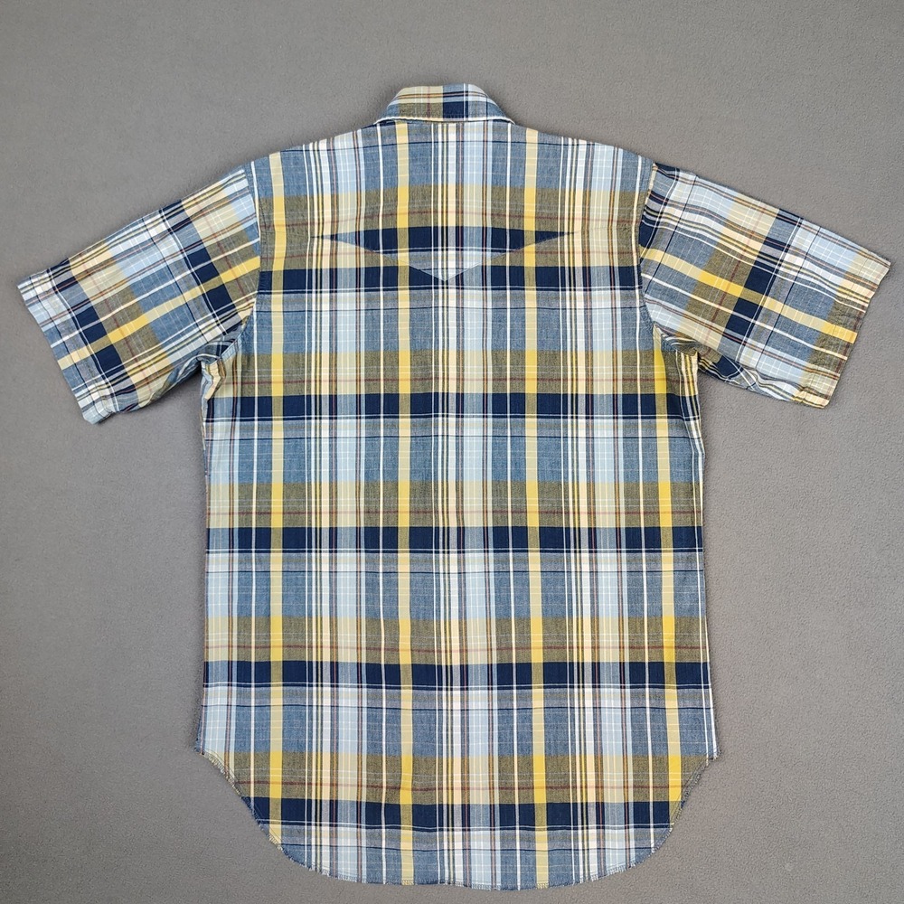 Vintage Wrangler Pearl Snap Short Sleeve Large Blue Yellow Plaid Heavy Long Tail - Picture 6 of 7